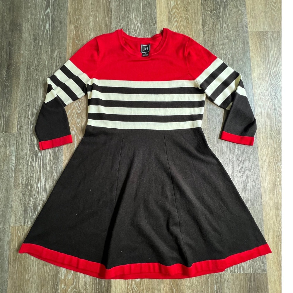 JH Sweater Dress Women L Red Black Striped Colorblock Long Sleeve Knit Skater